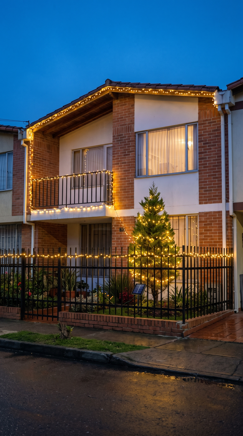 Fachada de casa alumbrada con luces solares ALUMBRA en luz cálida