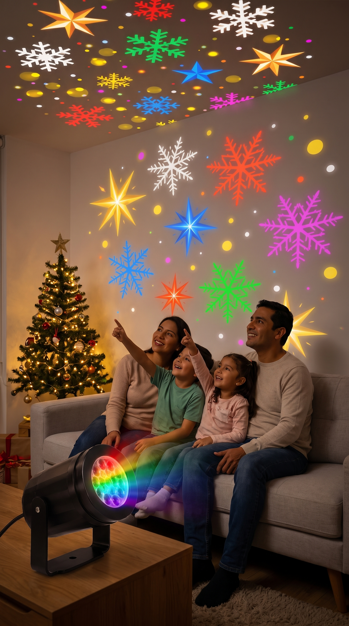 Familia en la sala mirando estrellas y copos proyectados en la pared y el techo